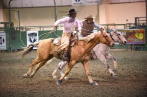 Wade Korneman (Riding Gray Horse) competing at the 2014 WSRRA National Finals.  Wade competed on the Flat Iron Ranch Rodeo Team 